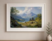 Rustic Summer Highlands Landscape Art - Classic Scottish Loch Scene, Cottagecore Pastoral Decor, Printable Vintage Wall Art Download 449