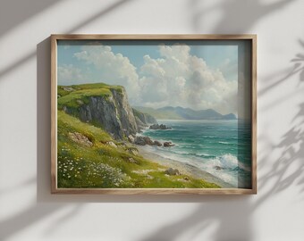 Imprimible de verano con una melancólica costa irlandesa: pintura rústica costera, decoración cottagecore, descarga de arte paisajístico costero, arte mural digital 373