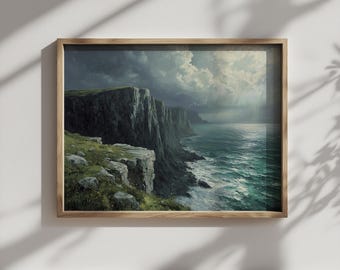 Imprimible de un acantilado costero melancólico: arte paisajístico irlandés vintage, escena agreste del océano Atlántico, decoración rústica terrosa, pintura digital descargable 504