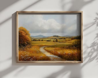 Paysage d'automne irlandais rustique - champs pastoraux confortables, ruisseau sinueux, décoration d'automne Cottagecore, art mural numérique imprimable - téléchargement 549