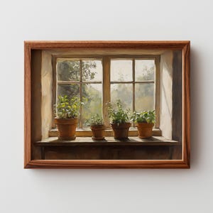 Puede incluir: Pintura enmarcada que representa una ventana soleada con cuatro plantas en macetas sobre un alféizar de madera. Las plantas tienen hojas verdes y están en macetas de terracota. La ventana da a un paisaje verde borroso.