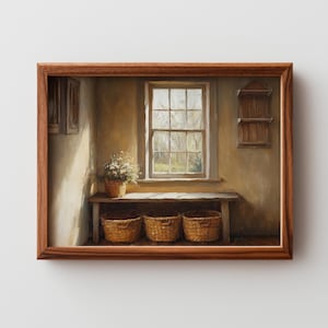 May include: A framed painting depicts a rustic interior scene. A window with a view of trees is centered above a bench with three woven baskets. A small basket of flowers sits on the bench. The walls are painted in warm tones.