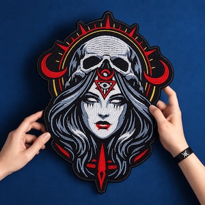 May include: A large embroidered patch featuring a central figure with long hair, a skull headpiece, and a red triangular eye symbol on the forehead. The design uses black, white, and red thread with a sunburst and crescent moon motif on a dark background.