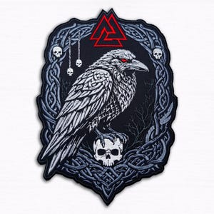 Viking Raven Embroidered Back Patch - 11"- 14"in Norse Valknut, Biker Vest