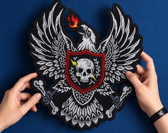 Patch met adelaarsschedel op achterkant – 13,5 inch grote opstrijkbare geborduurde patch