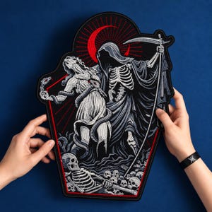 May include: A large, coffin-shaped embroidered patch featuring a white skeleton figure holding a scythe, a draped figure with snakes, and a skull-filled base. The design includes a red crescent moon and radiating lines on a black background.