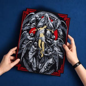 May include: A rectangular embroidered patch featuring a central figure in gold thread surrounded by white skeletal figures with wings against a black background. The design is framed by a red geometric border with intricate gothic-inspired details.