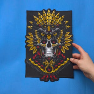 Large American Indian Skull Iron-On Patch: Jacket Back Patch (7.5&quot; x 12&quot;)