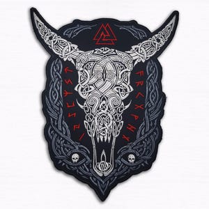Viking Bull Back Patch - 14" in Norse Valknut Embroidered Biker Vest Patch