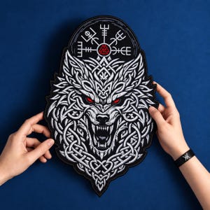 May include: A large embroidered patch featuring a snarling wolf head with intricate white Celtic knotwork patterns on a black background. The wolf has piercing red eyes and sharp teeth. Above the wolf is a circular Vegvisir symbol with a red Valknut.