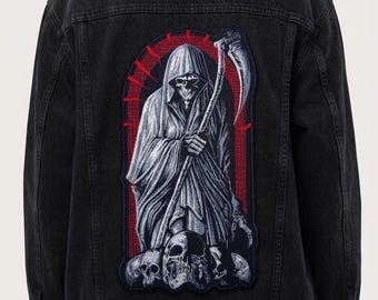 Grim Reaper Embroidered Back Patch –14" in Gothic Skull Jacket / Vest Applique Iron-On