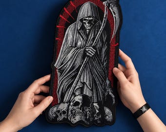 Grim Reaper Embroidered Back Patch –14" in Gothic Skull Jacket / Vest Applique Iron-On