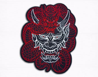 Oni Mask & Dragon Embroidered Back Patch – 13" in Iron-On Gothic / Mythic Jacket Applique