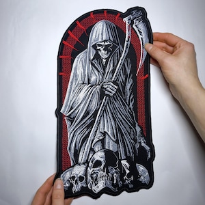 Grim Reaper 14" Embroidered Back Patch – Gothic Skull Jacket / Vest Applique Iron-On