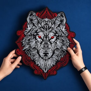 May include: A large embroidered patch featuring a detailed wolf head with white fur and piercing red eyes. The wolf is framed by a decorative, symmetrical red and black border with intricate line work, creating a bold and striking visual design.