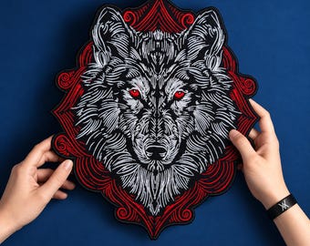 May include: A large embroidered patch featuring a detailed wolf head with white fur and piercing red eyes. The wolf is framed by a decorative, symmetrical red and black border with intricate line work, creating a bold and striking visual design.