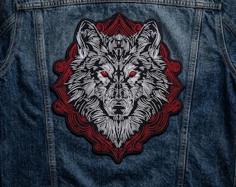 Grand écusson tête de loup au dos - 13,5 pouces brodés au fer sur l'écusson de veste de motard