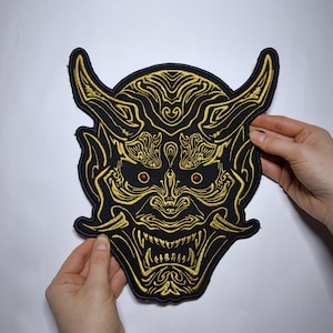 Gouden patch Hannya-masker op achterkant – Japanse oni-demon aangepaste kleur opstrijkbaar