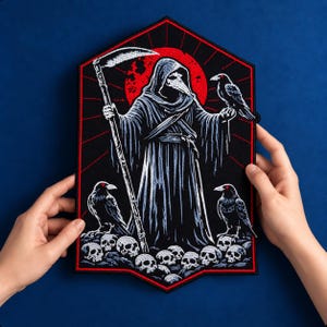 Parche trasero con calavera de cuervo y la Parca, bordado de guadaña gótica grande