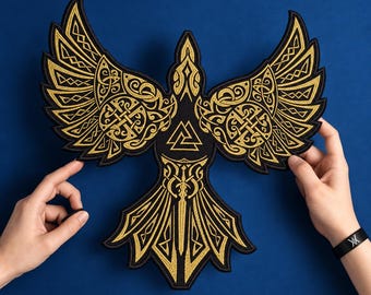 Gold Odin Valknut Raven Embroidered Back Patch – 12" in Viking / Norse Jacket Applique Iron-On