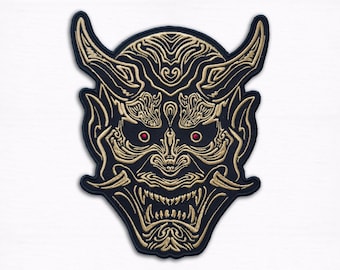 Gold Hannya Mask Back Patch – Japanese Oni Demon Gothic Embroidered Applique (11"-14")