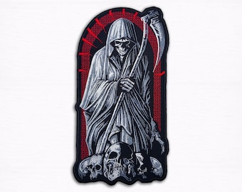 Grim Reaper Embroidered Back Patch –14" in Gothic Skull Jacket / Vest Applique Iron-On