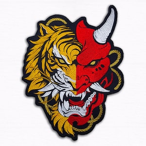 Oni Tiger Back Patch: Japanese Demon Samurai Embroidered Iron-On Jacket Patch