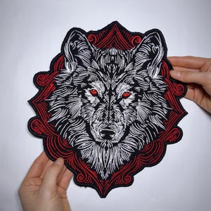 Wolfskopf Großer Rückenaufnäher | Gesticktes Bügelbild Biker Weste Jacke Patch