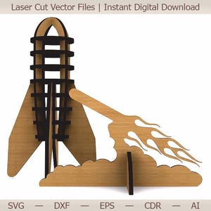 Op de afbeelding: Lasergesneden vectorbestanden voor een raket met vlammen, beschikbaar voor directe digitale download. De bestanden zijn beschikbaar in de formaten SVG, DXF, EPS, CDR en AI.