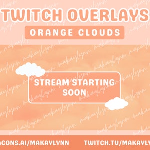 Animated Orange Clouds Twitch Overlays and Scenes - Stream Starting, BRB, Stream Ending, Stream Offline, Just Chatting, Webcam Border