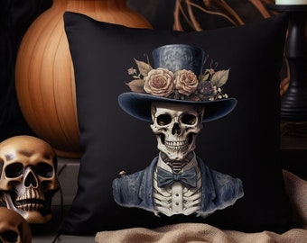 Throw Pillow for Goths, Gothic Throw Pillow, Vintage Gothic Throw Pillow, Horror Themed Pillow, Halloween Pillow, Skeleton Pillow