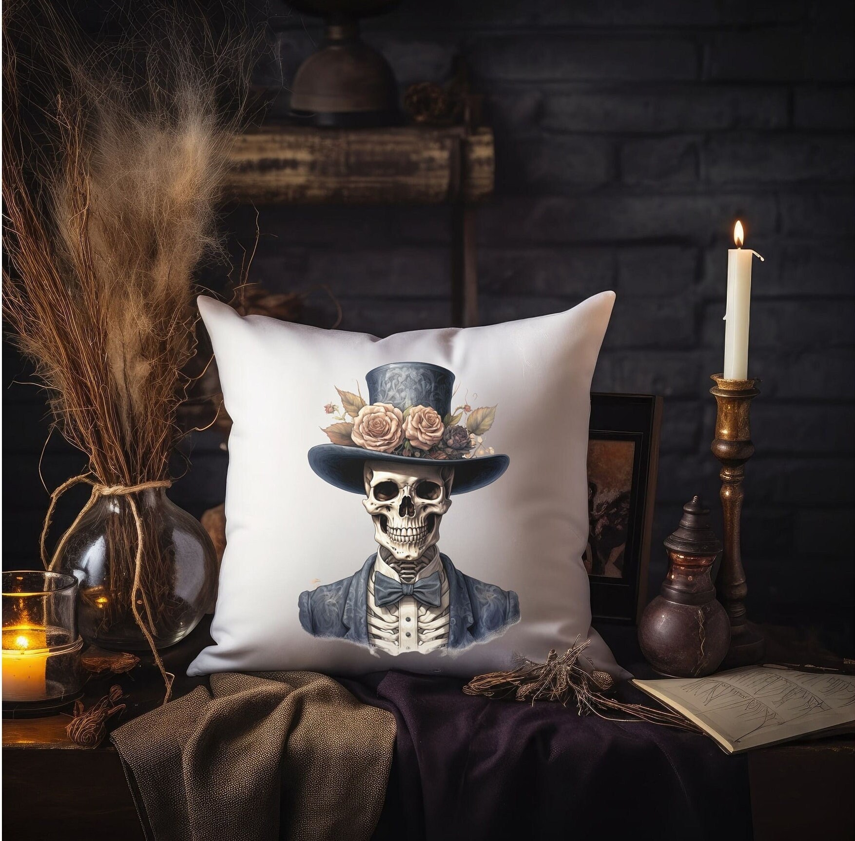 Throw Pillow for Goths, Gothic Throw Pillow, Vintage Gothic Throw Pillow, Horror Themed Pillow, Halloween Pillow, Skeleton Pillow