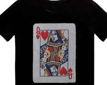 Queen Of Hearts Card Bling Rhinestone Women&#39;s Stretch T-Shirt | Queen Of Hearts Graphic Tee | Playing Card T-Shirt