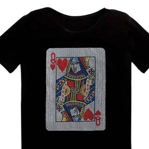 T-shirt extensible pour femmes carte Bling strass Reine de coeur | graphique Queen Of Hearts | T-shirt Cartes à jouer