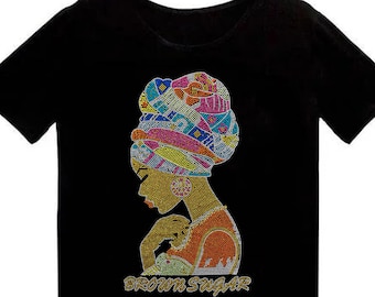 African Ebony Brown Sugar Girl Bling Rhinestone Women&#39;s Stretch Lower Neckline Top| African Muti-Colored  Tshirt | Colorful Ebony Bling Top