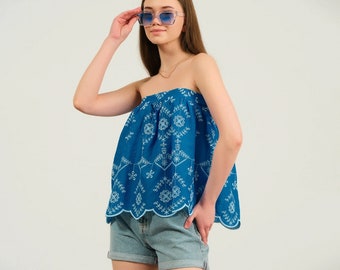 Blue Strapless Blouse, summer wear, holiday wear, gift,women