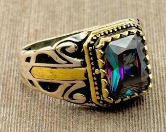 Mystic Topaz Sterling Silver Men's Ring: Handmade Ottoman Style