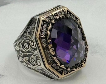 PYTALI Men's Amethyst Ring – S925 Sterling Silver Handmade Vintage Ottoman Style Ring, Sizes 4-16 - View #6