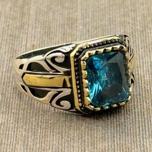 Aquamarine Stone Men&#39;s Ring: Handmade 925 Sterling Silver Ottoman Ring