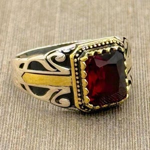 Ruby Stone Men&#39;s Ring, 925 Sterling Silver Red Stone Men&#39;s Ring, Square Stone Ring, Handmade Ring, Ottoman Ring, Gift for him