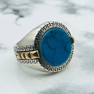 Anillo de piedra turquesa azul para hombre de plata de ley 925, anillo turco hecho a mano, anillo de piedra ovalada, joyería para hombre, anillo de estilo otomano, anillo de regalos