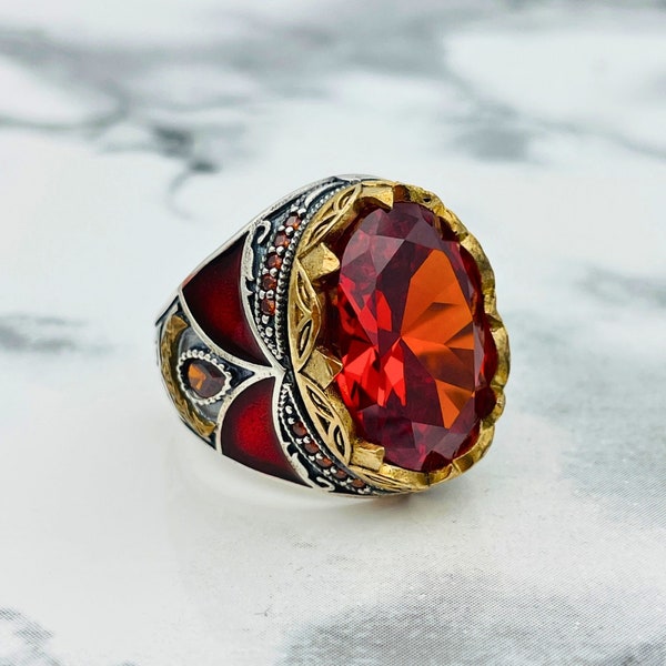 Roter Granat Stein Herrenring: Handgemachter Osmanischer Ring aus 925 Sterlingsilber