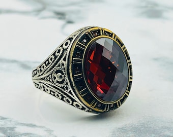 Red Ruby Stone Oval Men's Ring, Modern & Ottoman Fusion,  925 Sterling Silver Men's Ring, Handmade Men's Ring, Gift for Him