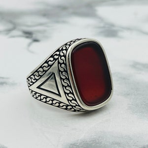 925 Sterling Silver Men&#39;s Red  Agate Stone Ring, Turkish Handmade Ring, Square Cut Ring, Mens Jewelry, Ottoman Style Ring, Gifts Ring