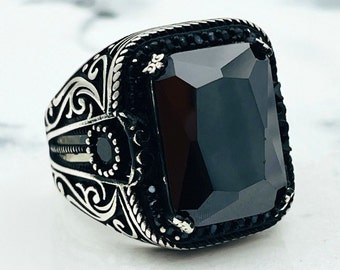 925 Sterling Silver Men&#39;s Black Onyx Stone Ring, Turkish Handmade Ottoman Style Ring, Square Cut Ring, Mens Jewelry, Gift For Him