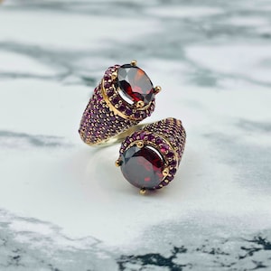 Könnte beinhalten: Ein silberner Ring mit zwei roten Edelsteinen, die in einer goldfarbenen Fassung gefasst sind. Der Ring ist mit kleinen violetten Steinen um die Edelsteine herum verziert.