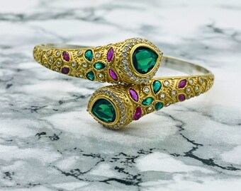 Emerald Stone Bracelet: Ottoman Turkish Handmade Gold Finish Vintage Bangle