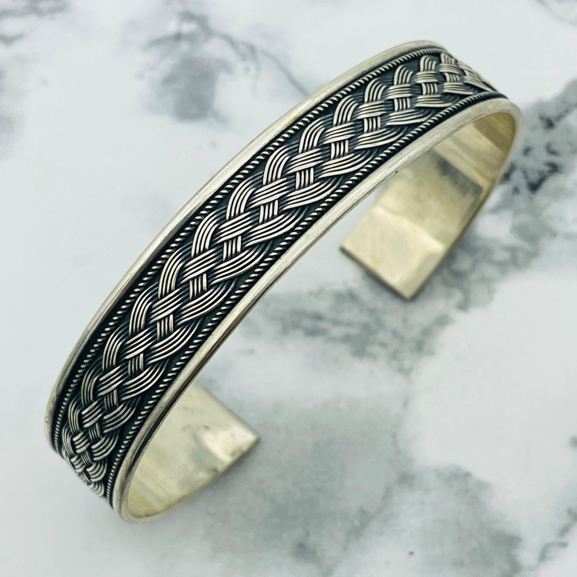 Unisex Braid Patterned Silver Bracelet, Embroidered Handmade 925 Sterling Silver Bracelet,  Handcuff Bracelet, Valentines Day Gift