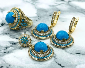 Turquoise Jewelry Set: Sterling Silver Ottoman Necklace, Ring, Earrings