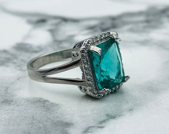 Rectangle Aquamarine 925K Sterling Silver Ring: Women's Engagement Jewelry